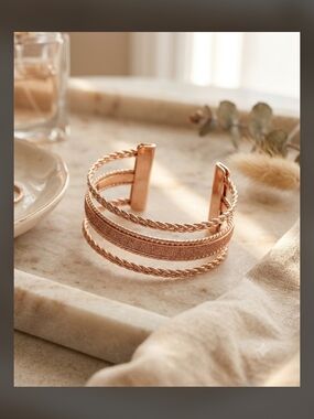 Women's Rose Gold Multi-Row Adjustable Braided Cuff Bracelet EUC